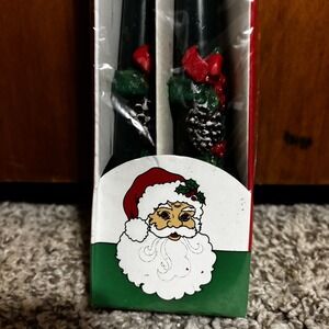 Vintage Green Christmas pinecones Tall Wax Taper Candles in Box 10" Pair